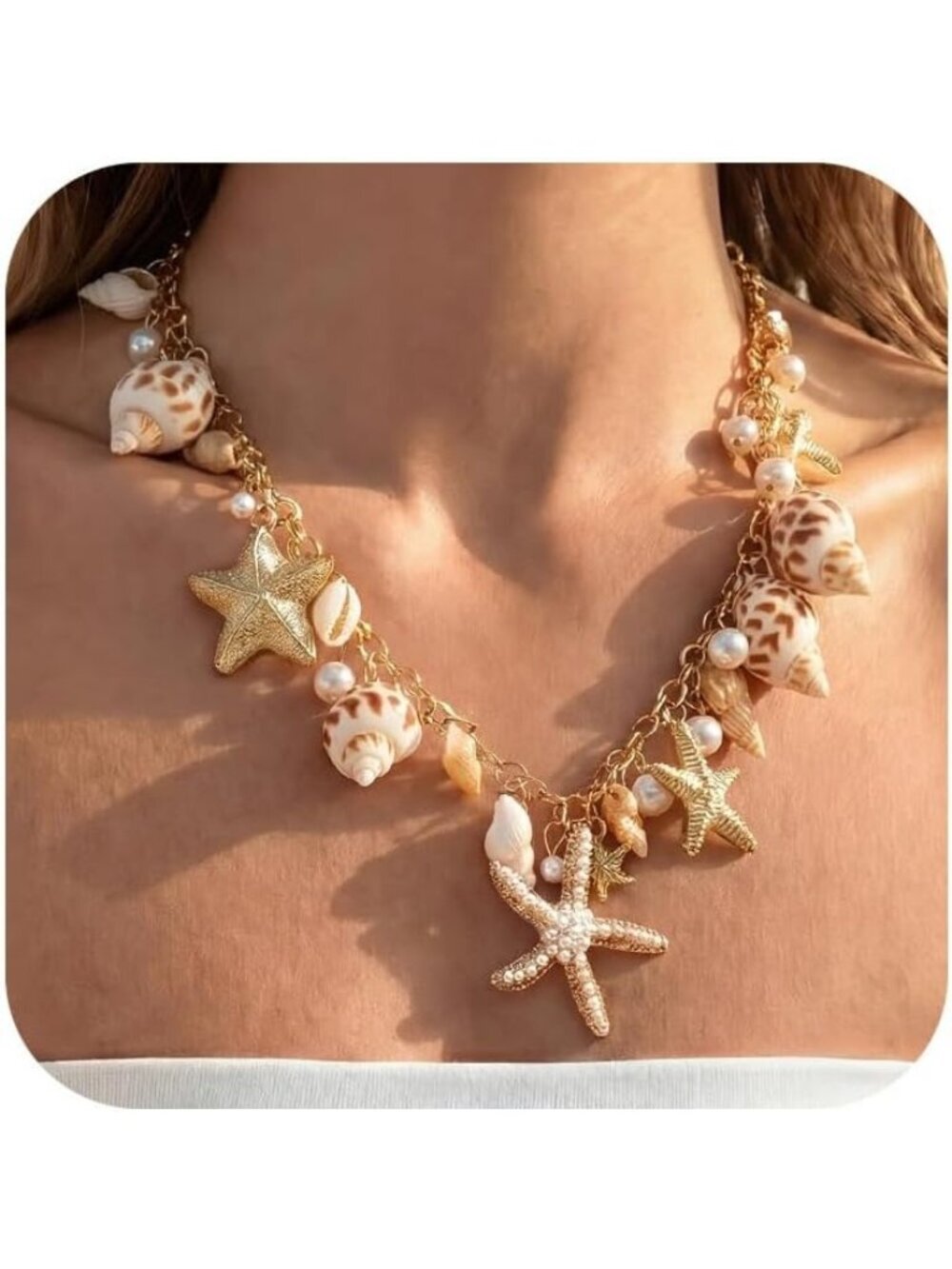 Women's Gold Plated Layered Pendan Dainty Coastal Charm,Shell Starfish Necklace